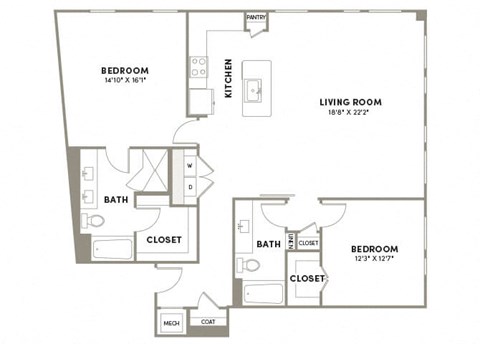 Floor plan for 2 beds, 2 baths, 1453 sqft