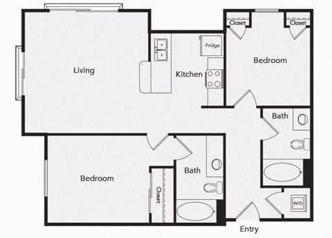 Floor plan for 2 beds, 2 baths, 904 sqft