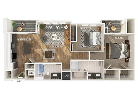 Floor plan for 2 beds, 2 baths, 1133 sqft