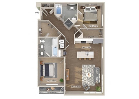 Floor plan for 2 beds, 2 baths, 1351 sqft