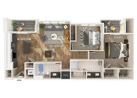 Floor plan for 2 beds, 2 baths, 1133 sqft