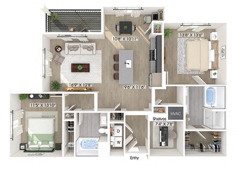 Floor plan for 2 beds, 2 baths, 1356 sqft