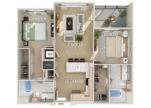 Floor plan for 2 beds, 2 baths, 1039 sqft