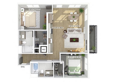 Floor plan for 2 beds, 2 baths, 1108 sqft
