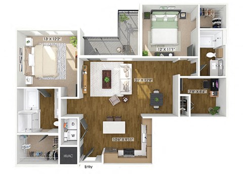 Floor plan for 2 beds, 2 baths, 1238 sqft
