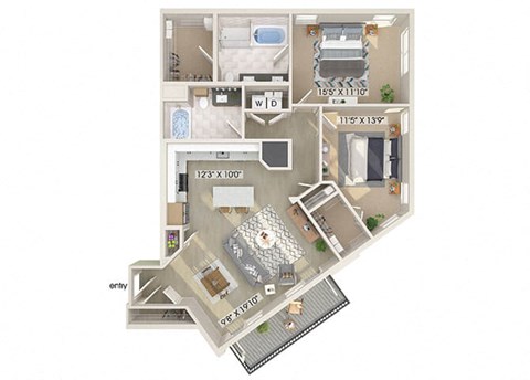 Floor plan for 2 beds, 2 baths, 1293 sqft