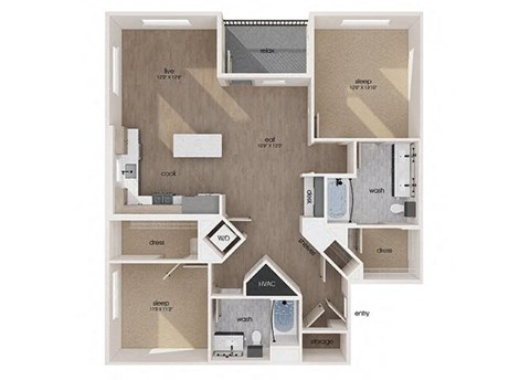 Floor plan for 2 beds, 2 baths, 1295 sqft