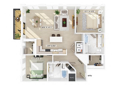 Floor plan for 2 beds, 2 baths, 1354 sqft
