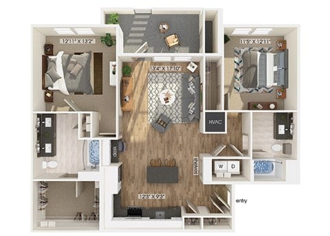 Floor plan for 2 beds, 2 baths, 1216 sqft