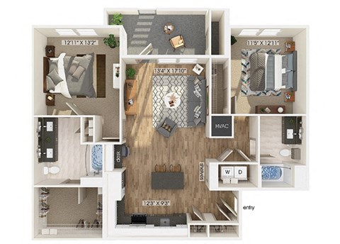 Floor plan for 2 beds, 2 baths, 1216 sqft