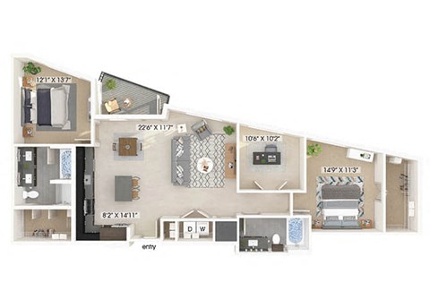 Floor plan for 2 beds, 2 baths, 1314 sqft
