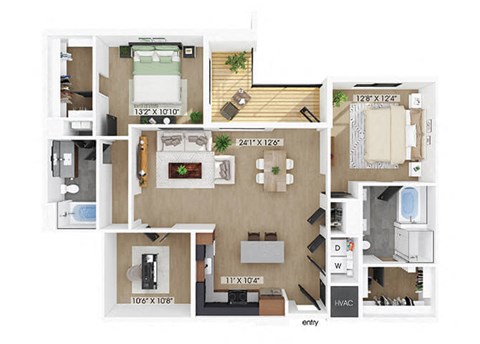 Floor plan for 2 beds, 2 baths, 1409 sqft