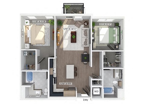 Floor plan for 2 beds, 2 baths, 1089 sqft