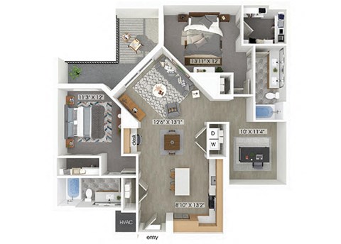 Floor plan for 2 beds, 2 baths, 1356 sqft