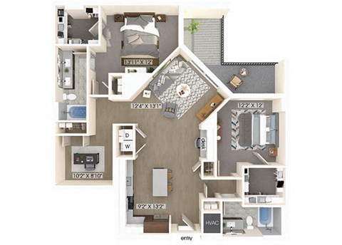 Floor plan for 2 beds, 2 baths, 1396 sqft