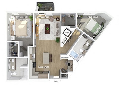 Floor plan for 2 beds, 2 baths, 1106 sqft