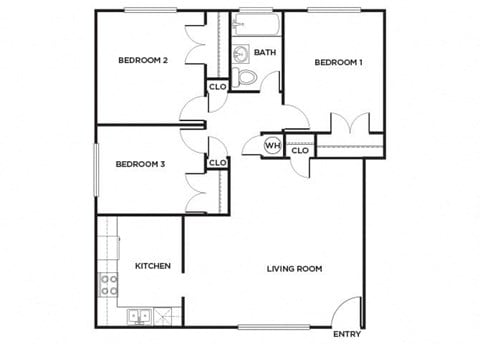Floor plan for 3 beds, 1 bath, 1100 sqft