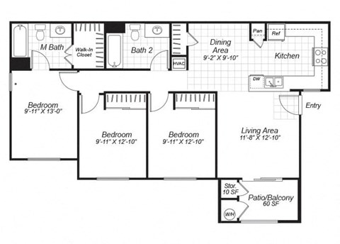 Floor plan for 3 beds, 2 baths, 1050 sqft