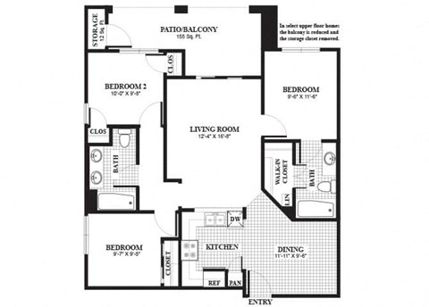 Floor plan for 3 beds, 2 baths, 1000 sqft