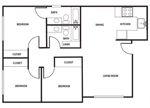 Floor plan for 3 beds, 2 baths, 1012 sqft