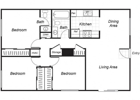 Floor plan for 3 beds, 1.5 baths, 968 sqft