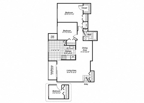 Floor plan for 3 beds, 1 bath, 872 sqft