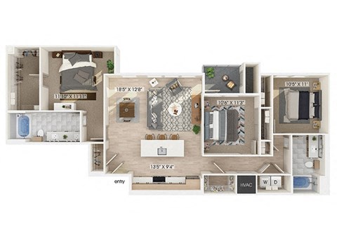 Floor plan for 3 beds, 2 baths, 1311 sqft