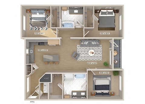 Floor plan for 3 beds, 2 baths, 1508 sqft