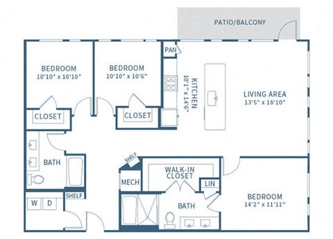 Floor plan for 3 beds, 2 baths, 1520 sqft