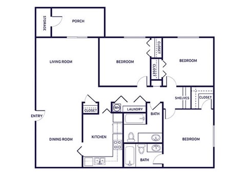 Floor plan for 3 beds, 2 baths, 1280 sqft
