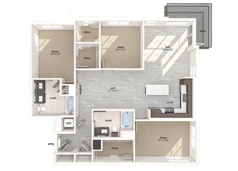 Floor plan for 3 beds, 2 baths, 1513 sqft