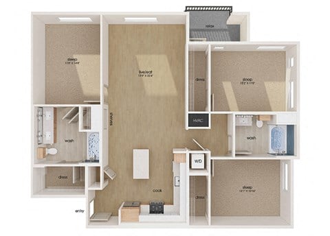 Floor plan for 3 beds, 2 baths, 1418 sqft