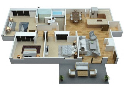 Floor plan for 3 beds, 2 baths, 1008 sqft