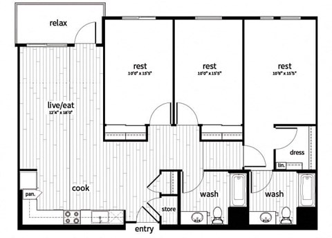 Floor plan for 3 beds, 2 baths, 1342 sqft