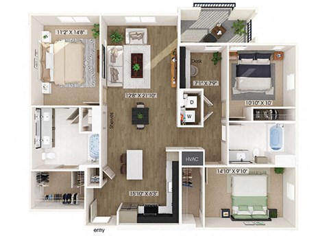Floor plan for 3 beds, 2 baths, 1439 sqft
