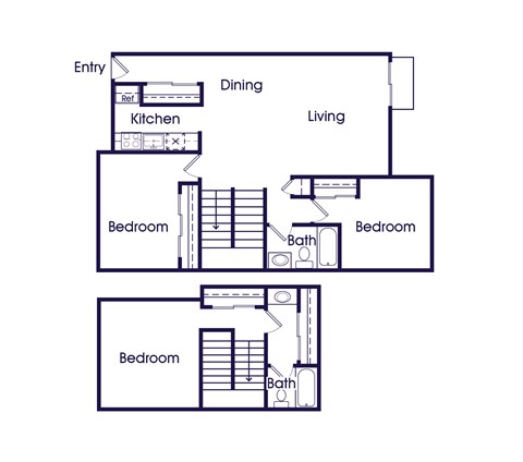 Floor plan for 3 beds, 2 baths, 1280 sqft