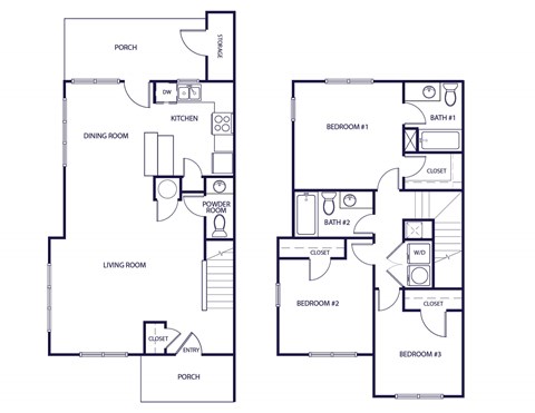 Floor plan for 3 beds, 2.5 baths, 1336 sqft