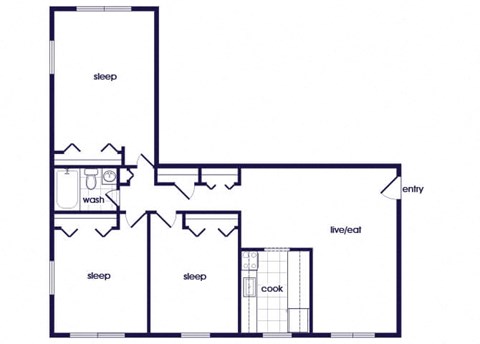 Floor plan for 3 beds, 1 bath, 1024 sqft