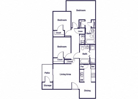 Floor plan for 3 beds, 2 baths, 1050 sqft