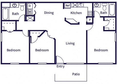 Floor plan for 3 beds, 2 baths, 1060 sqft