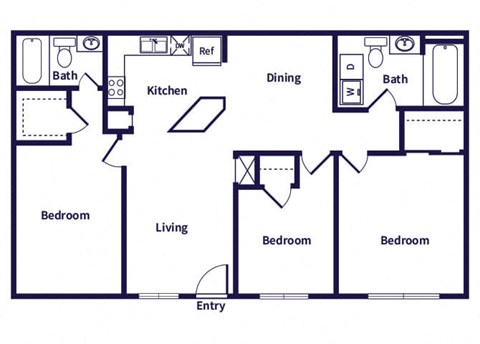 Floor plan for 3 beds, 2 baths, 1060 sqft