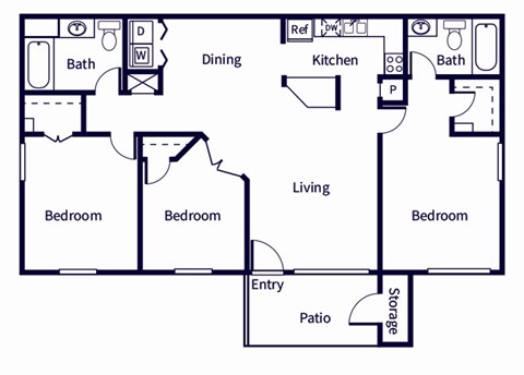 Floor plan for 3 beds, 2 baths, 1081 sqft