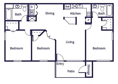 Floor plan for 3 beds, 2 baths, 1081 sqft
