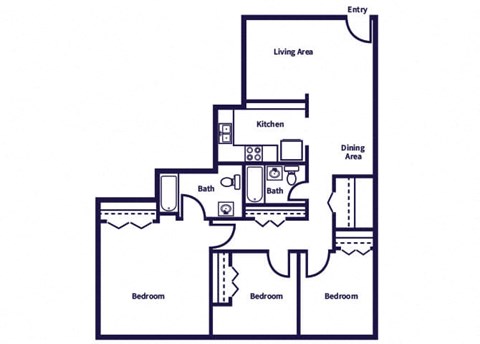 Floor plan for 3 beds, 2 baths, 1092 sqft