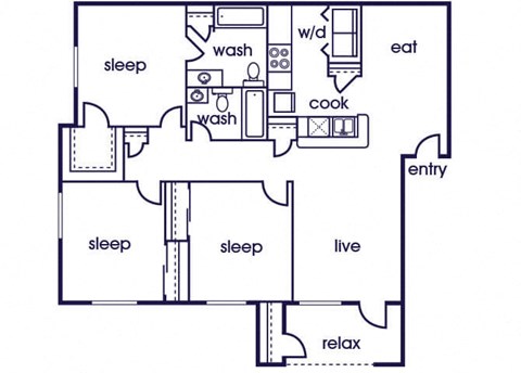 Floor plan for 3 beds, 2 baths, 1100 sqft