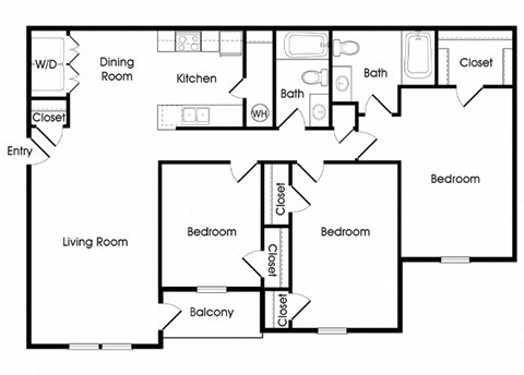 Floor plan for 3 beds, 2 baths, 1153 sqft