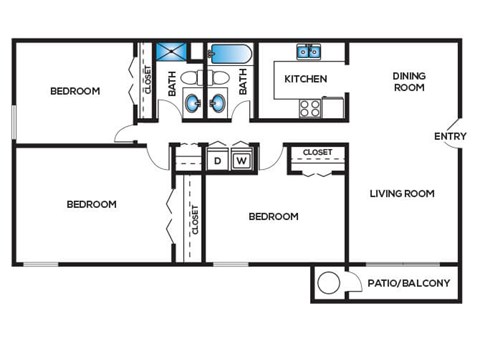Floor plan for 3 beds, 2 baths, 1157 sqft