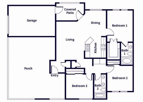 Floor plan for 3 beds, 2 baths, 1190 sqft