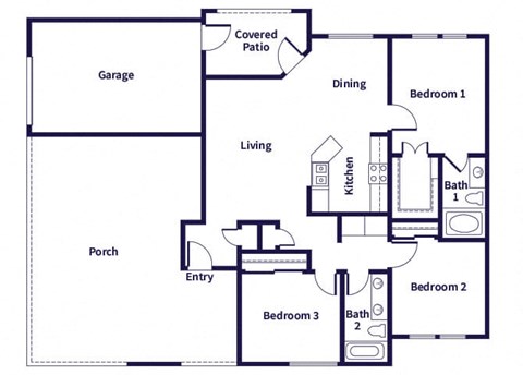 Floor plan for 3 beds, 2 baths, 1190 sqft