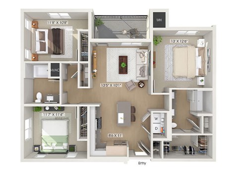 Floor plan for 3 beds, 2 baths, 1270 sqft